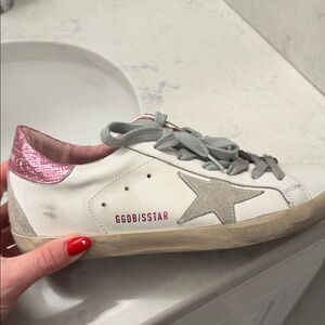 Golden Goose White and Pink Superstar Sneakers
